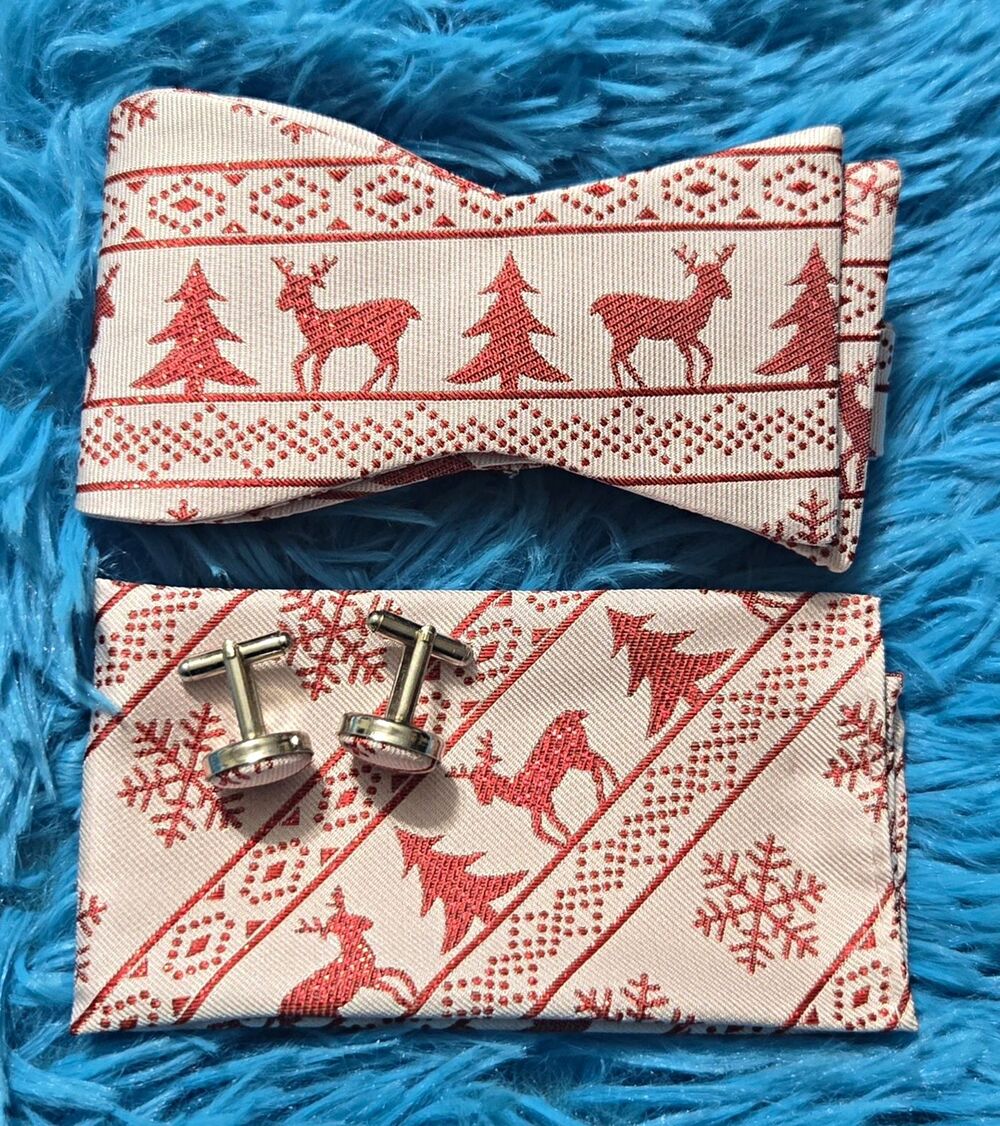 Adjustable Red & White Reindeer Snowflake Bow Tie & Cufflinks Holiday Set
